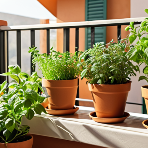 **

A vibrant balcony garden overflowing with various herbs like basil, rosemary, and mint in terracotta pots. Sunlight streams onto the leaves. A watering can sits nearby, suggesting care and cultivation. Focus on the freshness and aromatic appeal of the herbs.

**