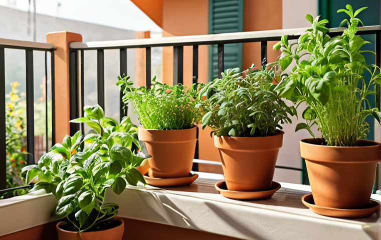 **
A vibrant balcony garden overflowing with various herbs like basil, rosemary, and mint in terracotta pots. Sunlight streams onto the leaves. A watering can sits nearby, suggesting care and cultivation. Focus on the freshness and aromatic appeal of the herbs.
**