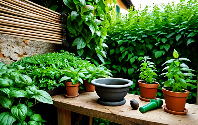 **
"A lush herb garden in Italy, overflowing with basil and mint, with a mortar and pestle in the foreground, safe for work, appropriate content, fully clothed, family-friendly, professional photography, perfect anatomy, correct proportions, natural lighting, vibrant colors."
**