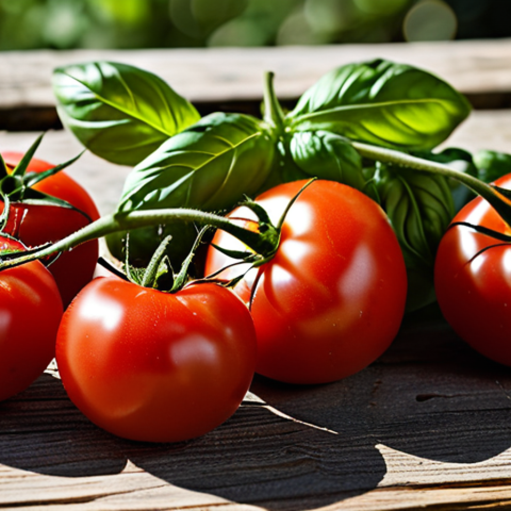 Basil & Tomato**
"A vibrant close-up of ripe, red tomatoes and fresh basil leaves arranged on a rustic wooden table, bathed in natural sunlight. Focus on the textures and colors, highlighting the freshness of the ingredients. fully clothed, safe for work, appropriate content, professional food photography, perfect anatomy, natural proportions, professional"
**