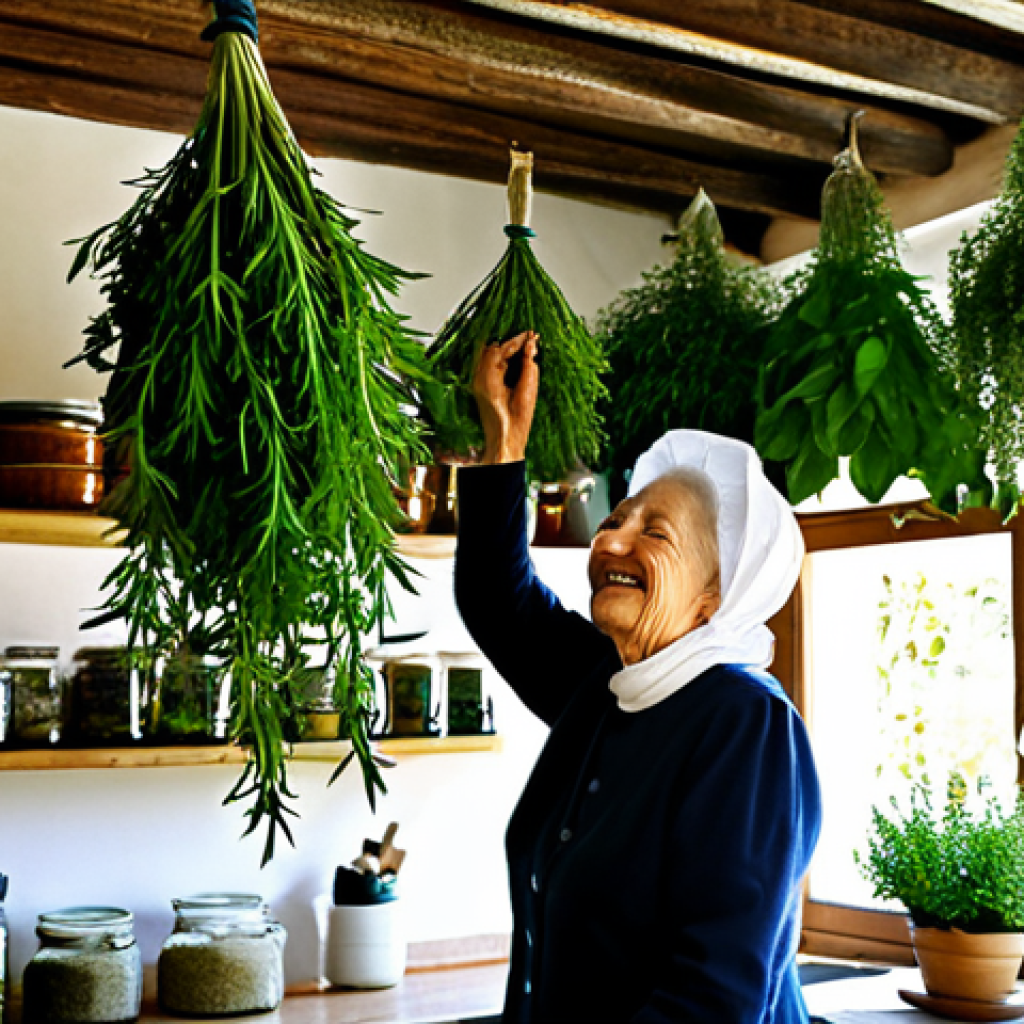 허브의 풍미를 살리는 조리 기법 - Herb Drying**
A sunlit Italian kitchen, featuring bunches of fresh herbs (rosemary, sage, basil) ha...