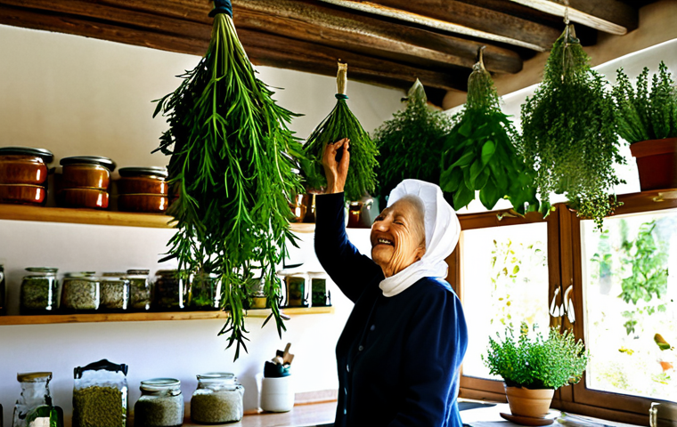 허브의 풍미를 살리는 조리 기법 - Herb Drying**
A sunlit Italian kitchen, featuring bunches of fresh herbs (rosemary, sage, basil) ha...