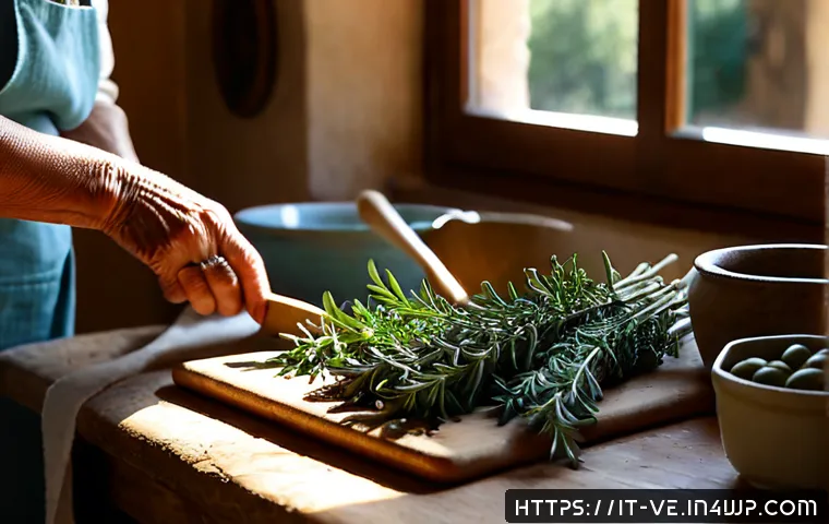 Home 30 허브에 대한 전통적 지식과 현대적 활용 - Photorealistic rustic Italian kitchen in a sunlit Tuscan farmhouse, an elderly woman’s hands gently ...