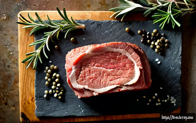 Home 29 소고기 요리에 적합한 허브 조합 - Photorealistic overhead food photography of an Italian beef roast preparation on a rustic stone kitc...