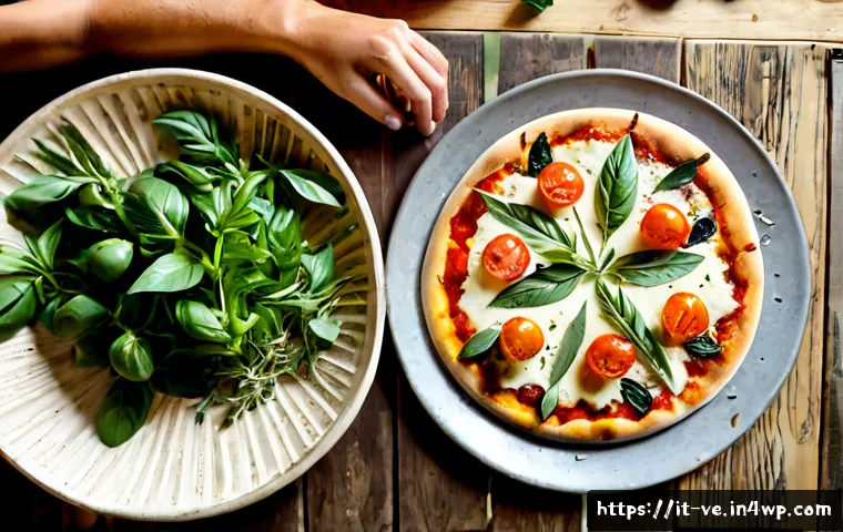 Home 28 허브를 이용한 집에서 만드는 피자 - Photorealistic overhead view of a homemade Italian-style pizza on a rustic wooden kitchen table, gol...